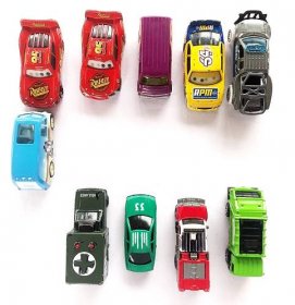 Matchbox cars lined up in a group of six and a group of four.
