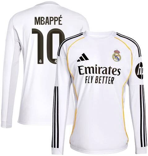 Real Madrid adidas Home Shirt 2025-26 - Long Sleeve with Mbappé 10 printing