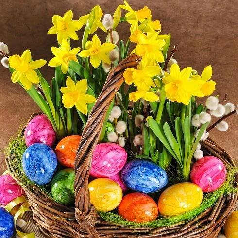 a basket filled with easter eggs and daffodils