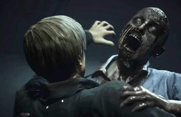 Screenshot from Resident Evil 2 remake, showing Leon being attacked by a zombie.