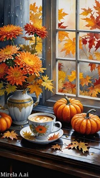 a painting of pumpkins and flowers on a table next to a window sill