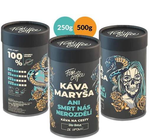 Fixi Coffee Káva Maryša – Ani smrt nás nerozdělí jemně mletá / papírová tuba / 500 g
