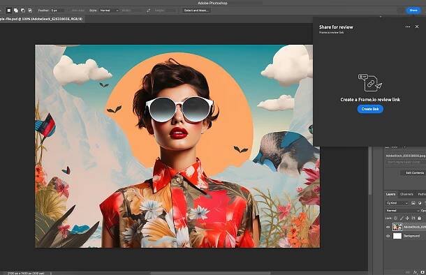 Sdílení souborů aplikace Photoshop ke kontrole prostřednictvím Frame.io. Tato funkce je aktuálně k dispozici pouze pro uživatele plánu pro podniky.