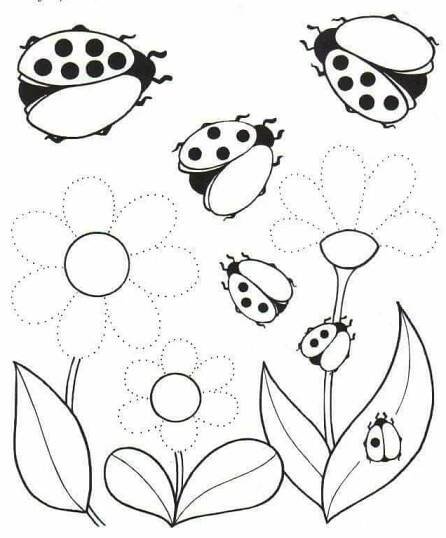 ladybugs and flowers dot to dot game for kids, with dots on the ground
