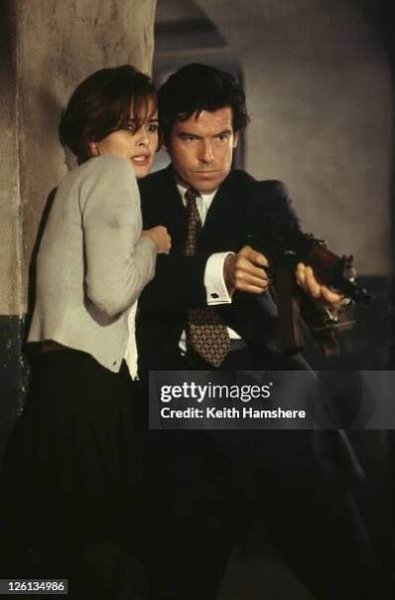 Polish actress Izabella Scorupco films a scene with Irish actor Pierce Brosnan for the James Bond film 'GoldenEye', 1995.