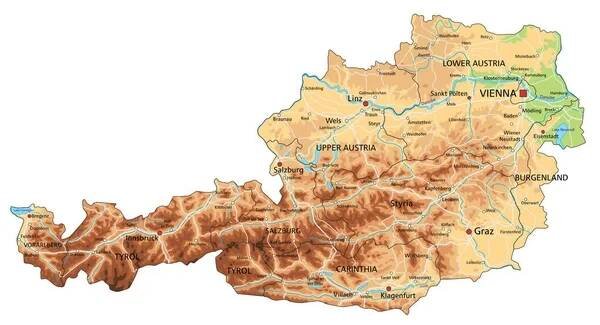 Velmi podrobná rakouská fyzická mapa s označením. — Ilustrace