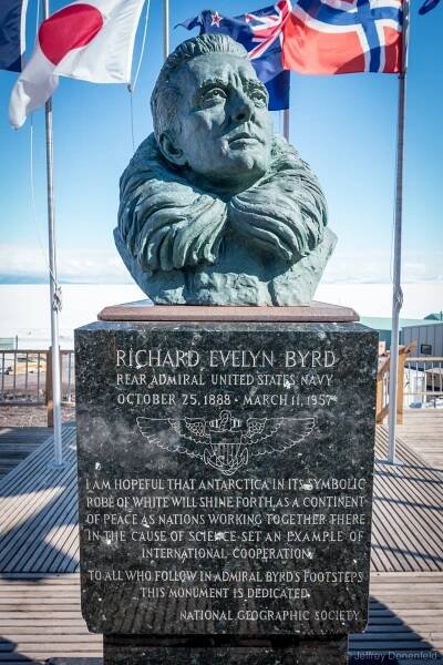 The bust of Richard Evelyn Byrd, Rear Admiral, United States Navy, displayed centrally on the back deck of the chalet. The inscription reads: 