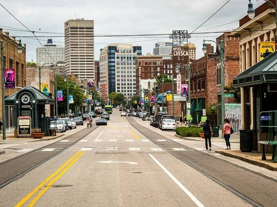 A view of downtown Memphis, TN, from South Main Street along the trolley tracks.