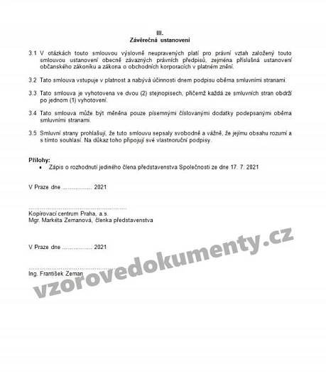 Vzor - Smlouva o poskytnutí dobrovolného nepeněžitého příplatku mimo základní kapitál a. s. dle ustanovení § 1746 NOZ