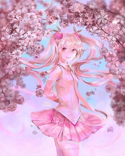 Sakura Miku Bathes in the Soft Glow of a Setting Sun Wallpaper