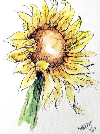Original artwork of a sunflower rendered in pen, ink and watercolor. It is titled “Sunflower Facing … | Original watercolor art, Watercolor art, Etsy watercolor art