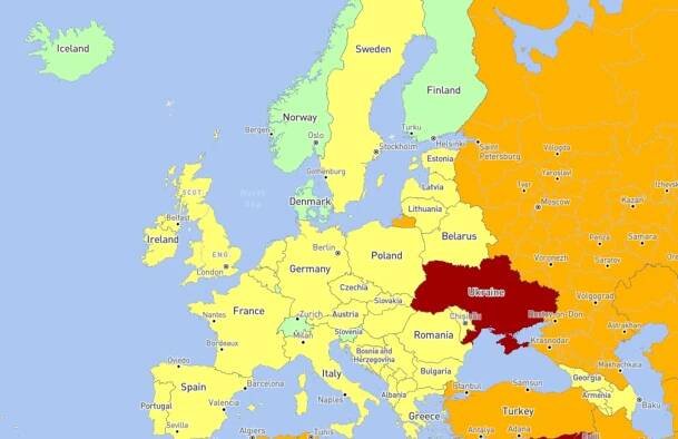 In der Kategorie der Länder mit einem niedrigen Sicherheitsrisiko ist fast ganz Europa zu finden.