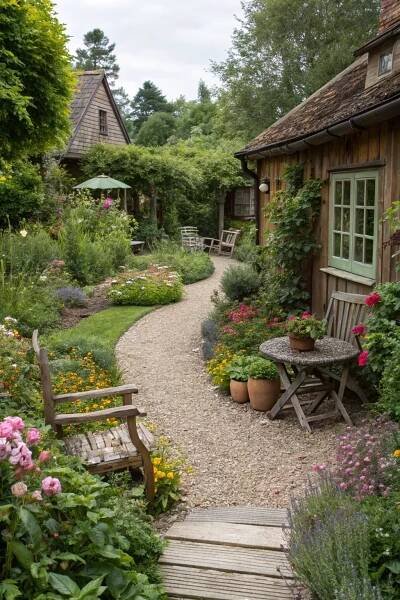 a garden with lots of flowers and plants around the path leading to a wooden house