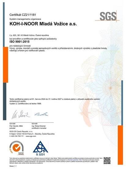 Quality Policy Certificate - KOH-I-NOOR Mlada Vozice