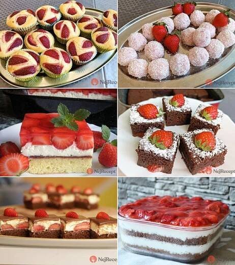 several different desserts and pastries are shown in this collage, including strawberries