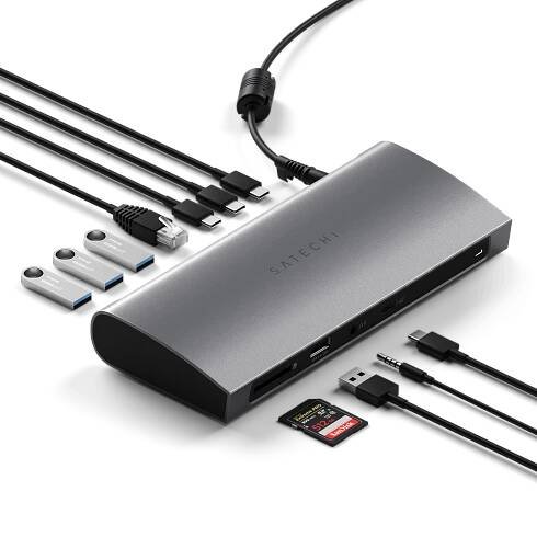Diagram of a Satechi Thunderbolt 4 Dock, highlighting each port and illustrating compatible accessories and cables—such as USB-C devices, SD card, and Thunderbolt connections—positioned near or inserted into their respective slots.