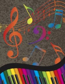 Vlnitá abstraktní klavírní klávesnice s klávesami duhových barev a hudebními poznámkami Texturované pozadí ilustrace — Ilustrace