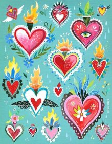 Hearts Aflame Art Print Wall Art Folk Art Love Painting Katie Daisy 8x10 11x14 image 1
