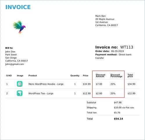 Invoice showing discount amount and discount percentage