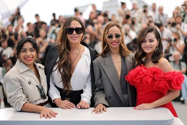 CANNES, FRANCE - MAY 19: (L-R) Adriana Paz, Karla Sofía Gascón, Zoe Saldana and Selena Gomez attend the "Emilia Perez" Photocall at the 77th annual Cannes Film Festival at Palais des Festivals on May 19, 2024 in Cannes, France. (Photo by Neilson Barnard/Getty Images)