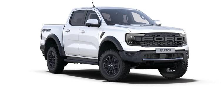 3/4 přední pohled na Ford Ranger Raptor v barvě bílá Arctic
