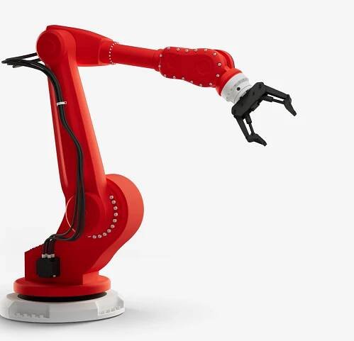The image depicts a modern, red industrial robotic arm. The robotic arm is characterized by its sleek design and jointed sections, allowing for flexibility and a range of motion. The end of the arm is equipped with a black gripper or claw-like tool, typically used for grasping or manipulating objects. Wires can be seen running along the length of the arm, connecting to its base. The base itself is sturdy and circular, with a section of it appearing to be metallic or silver. The robot stands against a plain white background, emphasizing its vibrant red color and detailed design.
