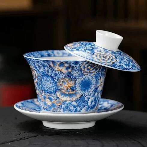 Golden and Blue Flowers - Premium Porcelain Gaiwan - Tea and Whisk