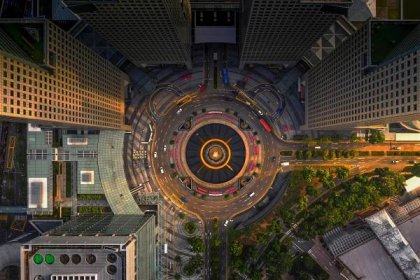 Top view of the Singapore landmark financial business district with skyscraper. Fountain of Wealth at Suntec city in Singapore