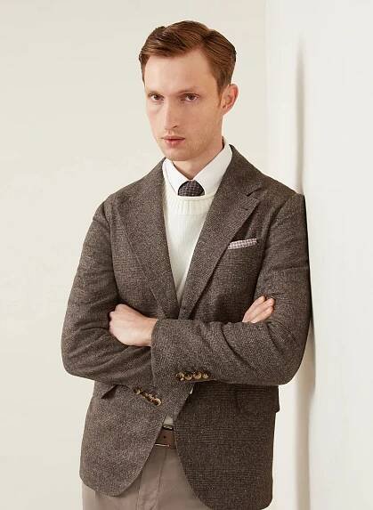 BRUNELLO CUCINELLI Flanelové sako Extra Slim Fit s hedvábím: ČERNOŠEDÁ/ HNĚDÁ