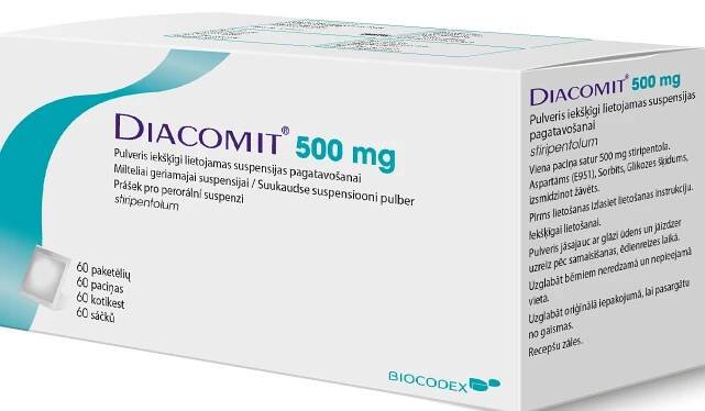 Bílá krabička s nápisem "Diacomit 500 mg" a modrými prvky.