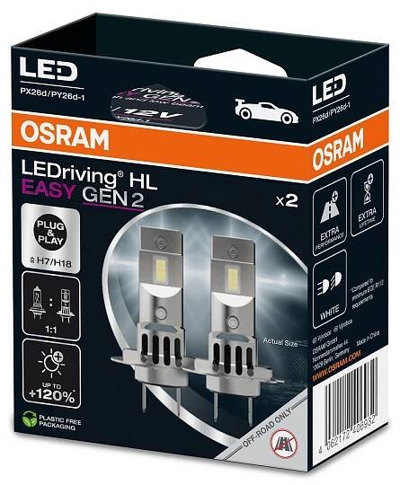 SADA 2x LED Autožárovka EASY GEN H7 PX26d/16W/12V 6500K - Osram