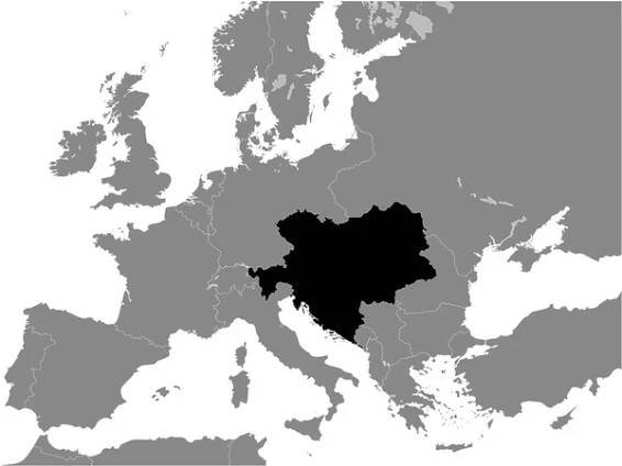 Černá plochá mapa Rakouska-Uherska (1914) uvnitř šedé mapy Evropy — Ilustrace