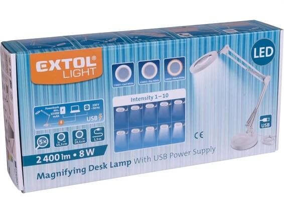 EXTOL LIGHT 43161 stolní lampa s lupou, 1300lm, 5x zvětšení, USB, bílá | NAKO Pardubice
