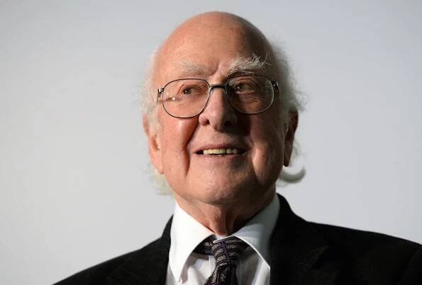 Head and shoulders portrait of grey-haired scientist, Peter Higgs