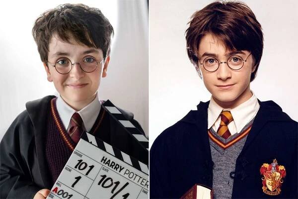 Dominic McLaughlin and Daniel Radcliffe as Harry Potter