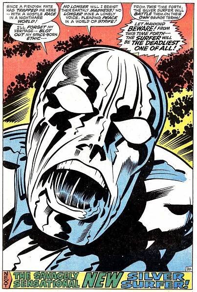 Final page from Silver Surfer #18, a book that must’ve been particularly galling for Jack to draw. Kirby was initially snubbed for the art chores on the book, and the series floundered for seventeen issues. Then Stan Lee called in Kirby to try to course-correct the book for inker Herb Trimpe to take over with #19, but the series was cancelled with this issue.