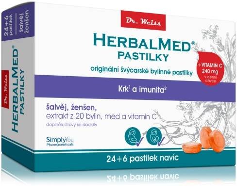 HerbalMed Dr. Weiss pastilky Šalvěj + ženšen + vit. C 24+6 ks