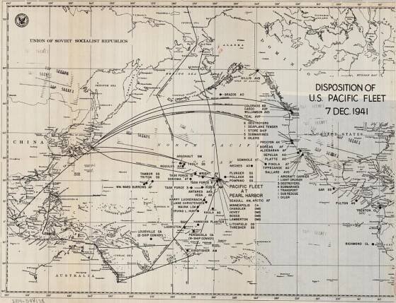 Map of locations of U.S. Navy Pacific Fleet (ships, planes, etc.) throughout the Pacific Ocean on December 7th, 1941.