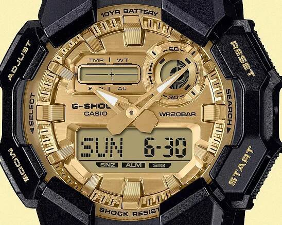G-Shock Analog Digital Black and Gold Watch Collection dial closeup