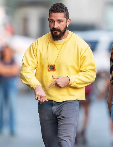 Shia LaBeouf Wears a Tiny Clown Painting Around His Neck as a Tribute to His Father