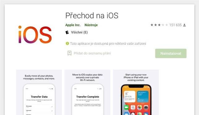 Přenos dat, aplikace Přechod na iOS na Google Play Store