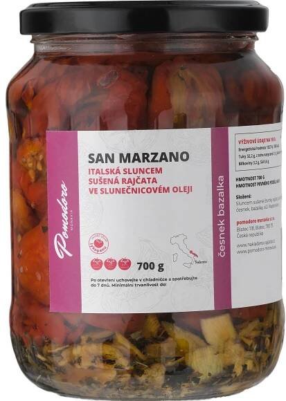 Rajčata San Marzano česnek bazalka naložená v oleji 700g