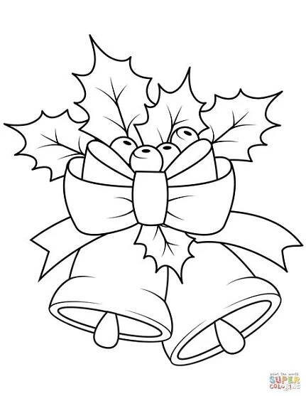 a christmas bell with holly leaves and bells on it's side, coloring page