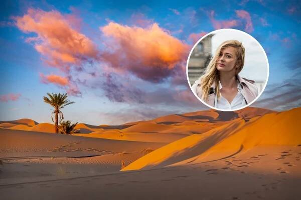 Sahara in Marokko, Autorin Linnéa Findeklee (kleines Bild)