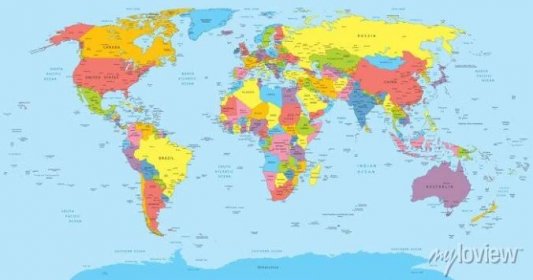 Nálepka Mapa světa se zeměmi, země a názvy měst