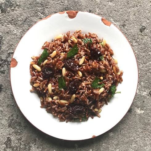 Red Rice Salad with Raisins, Saba, Pine Nuts, and Mint