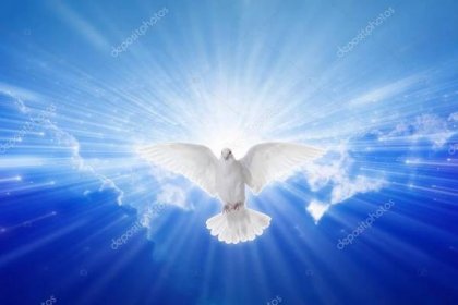Stáhnout - Duch svatý sestoupil jako holubice, holubice Ducha svatého mouchy v modré obloze, jasné světlo svítí z nebe, křesťanský symbol, evangelium příběh — Stock obrázek
