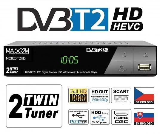 Set-top box Mascom MC820 T2 HD Twin tuner H.265 HEVC V004B12I | bscom.cz