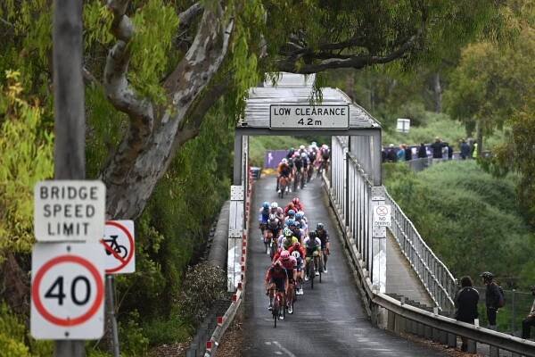 GEELONG AUSTRALIA  JANUARY 29 A general view of the peloton competing during the 7th Cadel Evans Great Ocean Road Race 2023  Mens Elite a 1743km one day race from Geelong to Geelong  CadelRoadRace  on January 29 2023 in Geelong Australia Photo by Tim de WaeleGetty Images