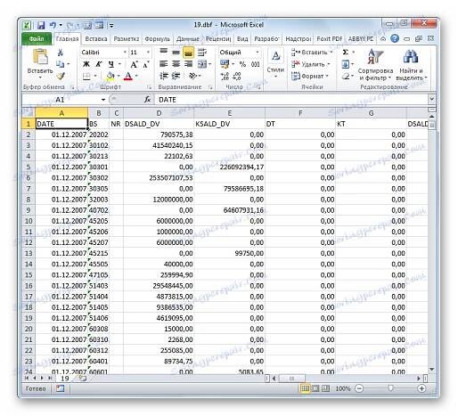 Dokument DBF je otevřen v aplikaci Microsoft Excel